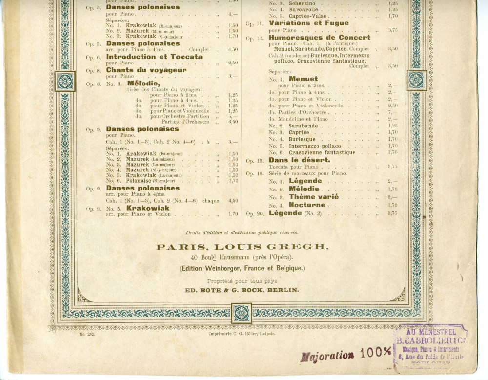 Partition de l'«Elégie pour piano» en si bémol mineur op. 4 de Paderewski (Louis Gregh, Paris – avec en couverture une liste des «compositions de Paderewski» diffusées par cette maison)