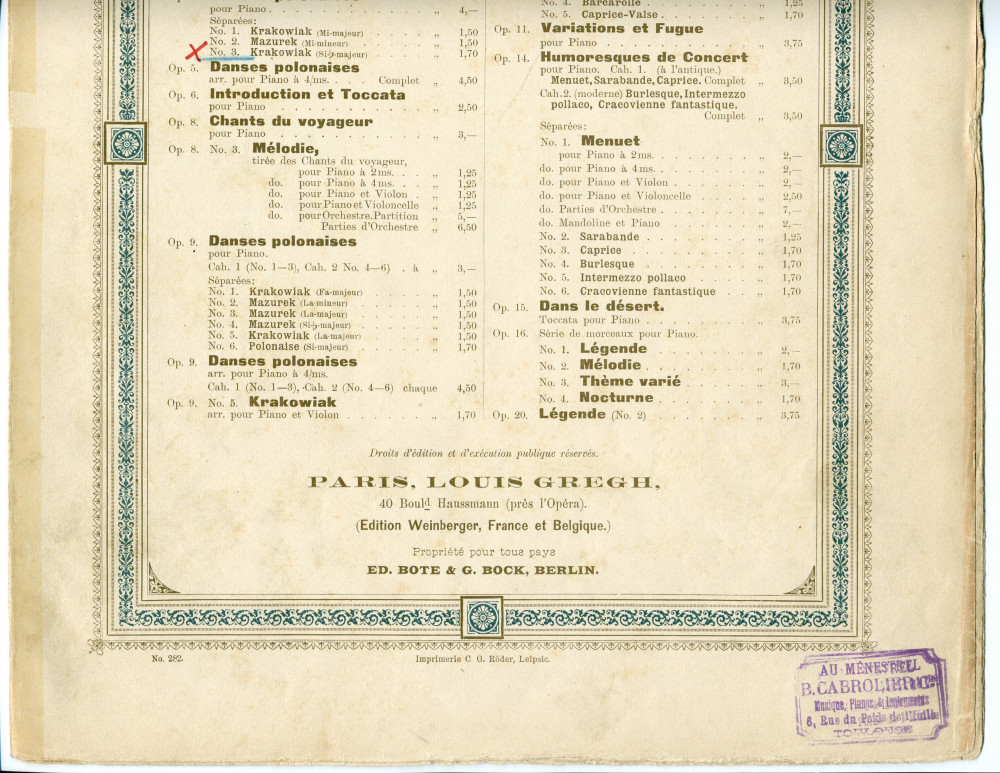 Partition de la «Krakowiak» en si bémol majeur tirée des «Danses polonaises pour piano» op. 5 n° 3 de Paderewski (Louis Gregh, Paris – avec en couverture une liste des «compositions de Paderewski» diffusées par cette maison)