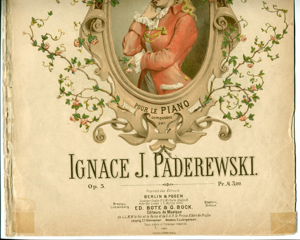Partition des «Danses polonaises (Tance polskie) pour le piano» op. 5 de Paderewski (Ed. Bote & G. Bock, Berlin & Posen – dédicace «à Mademoiselle Natalie Janotha»)