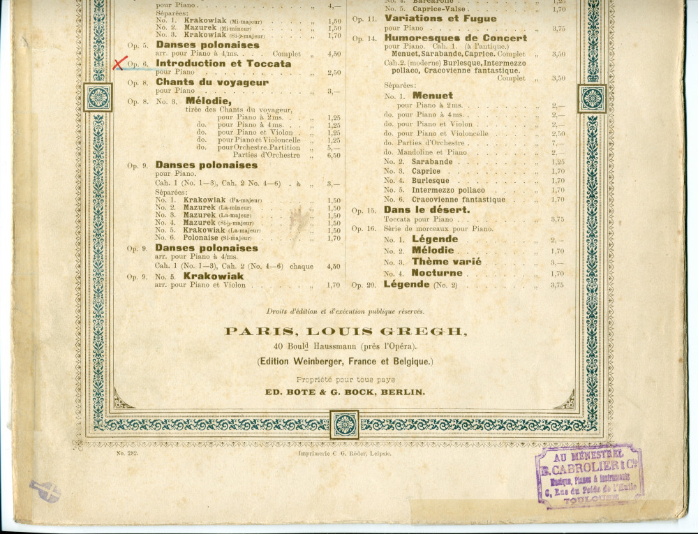Partition de l'«Introduction et Toccata pour le piano» op. 6 de Paderewski (Louis Gregh, Paris – avec en couverture une liste des «compositions de Paderewski» diffusées par cette maison)