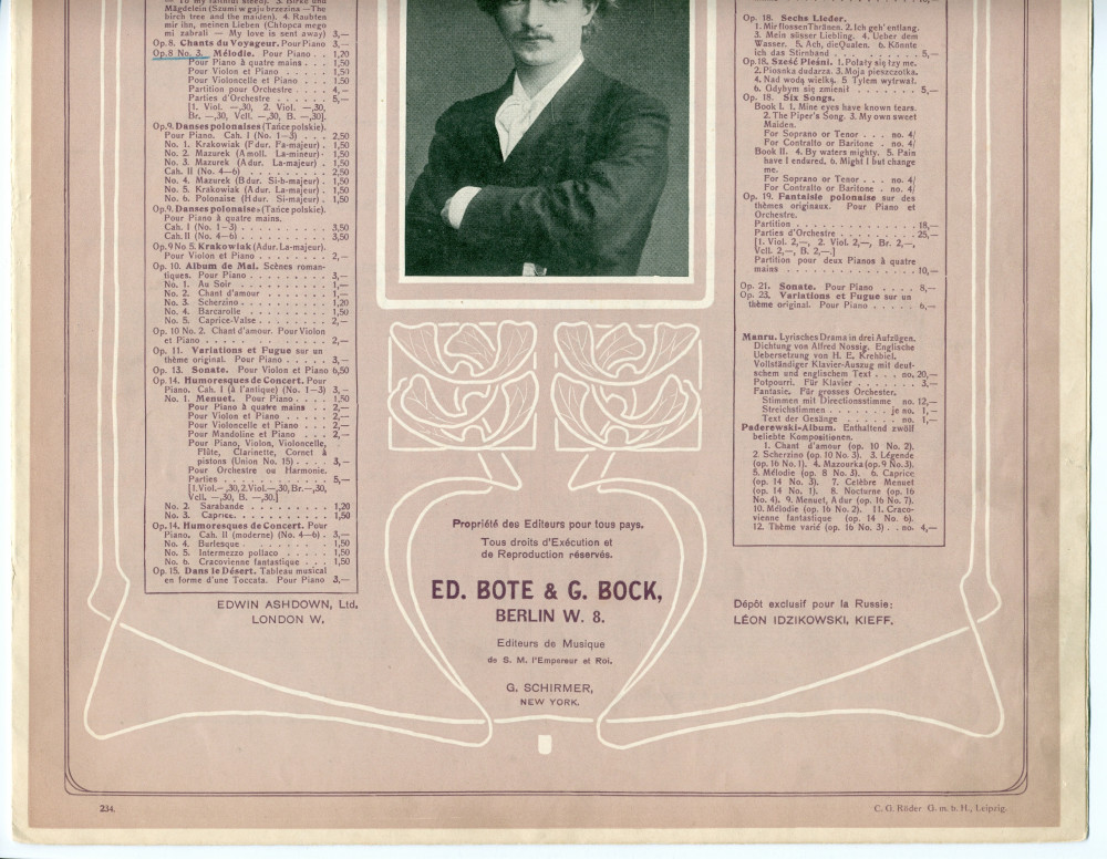 Partition de la «Mélodie tirée des Chants du voyageur» pour piano op. 8 n° 3 de Paderewski (Ed. Bote & G. Bock, Berlin / G. Schirmer, New York – avec en couverture une liste des «compositions de Paderewski» diffusées par ces maisons)