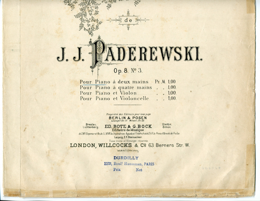 Partition de la «Mélodie tirée des Chants du voyageur» pour piano op. 8 n° 3 de Paderewski (Ed. Bote & G. Bock, Berlin & Posen / Willcocks, Londres / Durdilly, Paris)