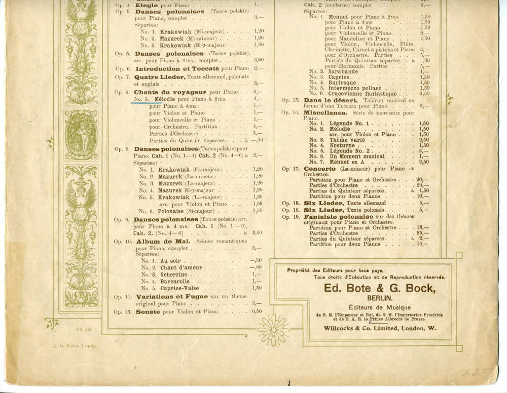 Partition de la «Mélodie tirée des Chants du voyageur» pour piano op. 8 n° 3 de Paderewski (Ed. Bote & G. Bock, Berlin / Willcocks & Co. Limited, Londres – avec en couverture une liste des «compositions de Paderewski» diffusées par ces maisons)