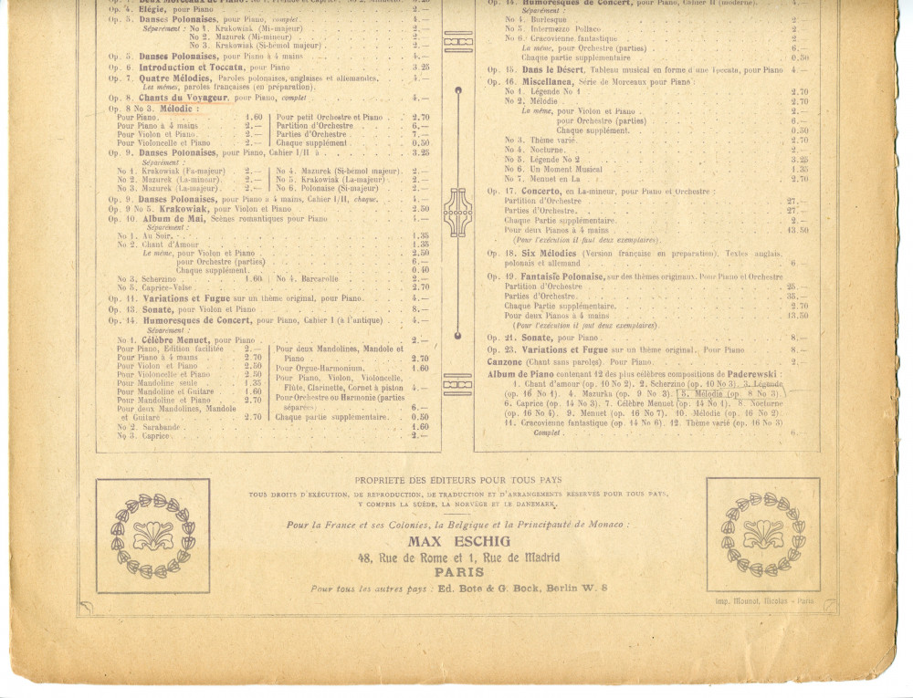 Partition de la «Mélodie tirée des Chants du voyageur» pour piano op. 8 n° 3 de Paderewski (Max Eschig, Paris – avec en couverture une liste des «Œuvres complètes de Paderewski» diffusées par cette maison)