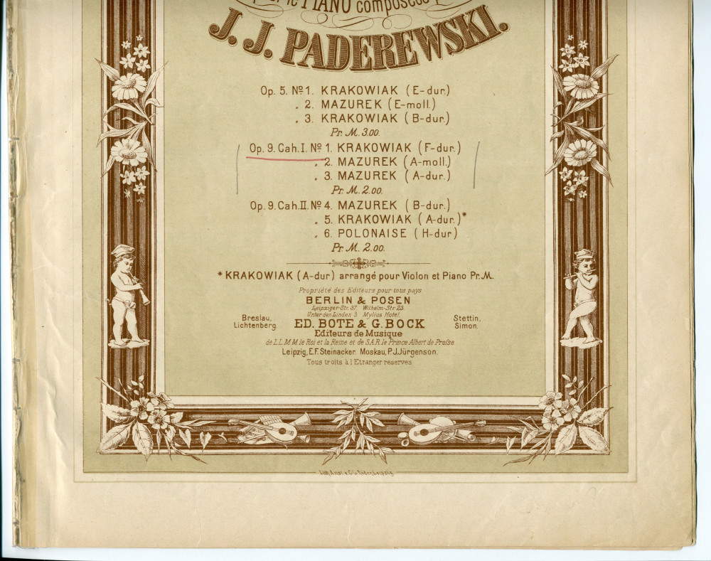 Partition des «Danses polonaises (Tance polskie) pour le piano» op. 9 nos 1-3 (cahier I) de Paderewski – n° 1: Krakowiak, n° 2: Mazurek, n° 3: Mazurek (Ed. Bote & G. Bock, Berlin & Posen)