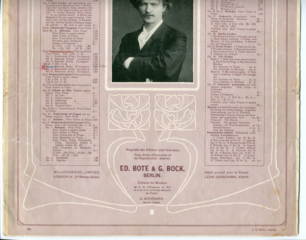 Partition de la «Mazurek» en si bémol majeur tirée des «Danses polonaises» pour piano op. 9 n° 4 de Paderewski (Ed. Bote & G. Bock, Berlin / G. Schirmer, New York – avec en couverture une liste des «compositions de Paderewski» diffusées par ces maisons