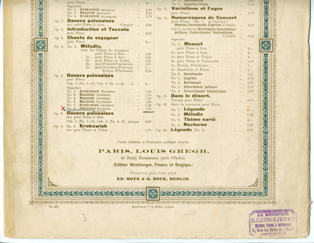 Partition de la «Polonaise» en si majeur tirée des «Danses polonaises» pour piano op. 9 n° 6 de Paderewski (Louis Gregh, Paris – avec en couverture une liste des «compositions de Paderewski» diffusées par cette maison)