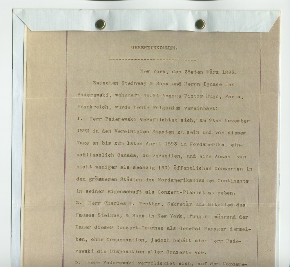 Reproduction couleur du contrat (libellé en allemand) de la deuxième tournée américaine de Paderewski, signé à New York le 28 mars 1892