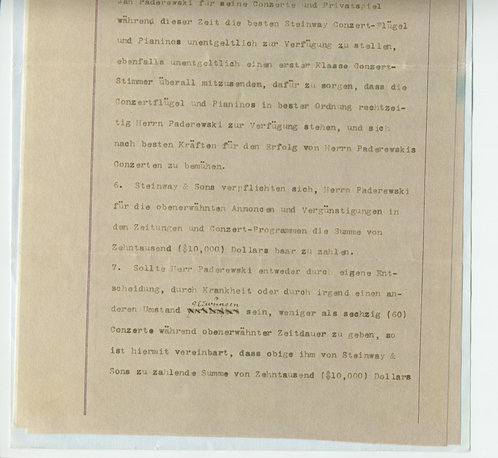Reproduction couleur du contrat (libellé en allemand) de la deuxième tournée américaine de Paderewski, signé à New York le 28 mars 1892