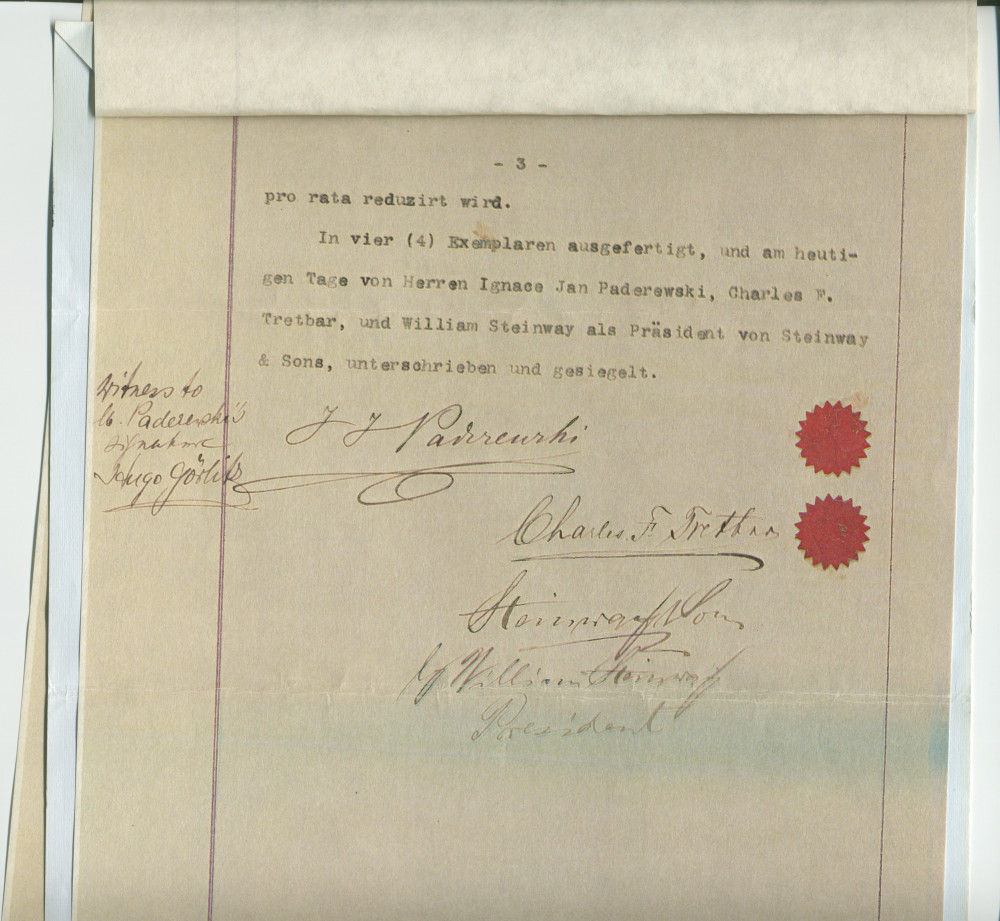 Reproduction couleur du contrat (libellé en allemand) de la deuxième tournée américaine de Paderewski, signé à New York le 28 mars 1892