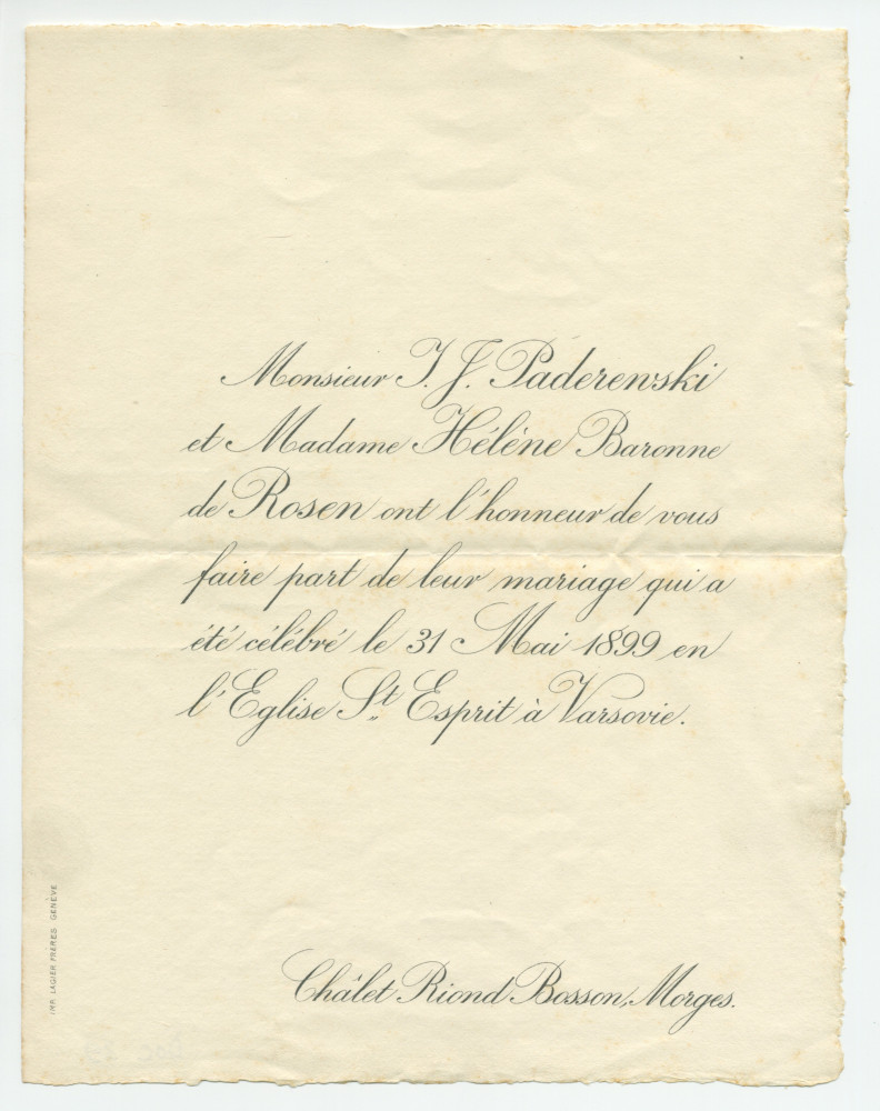 Faire-part de mariage d'Ignace Paderewski et Hélène née Baronne de Rosen, célébré le 31 mai 1899 en l'église Saint-Esprit de Varsovie