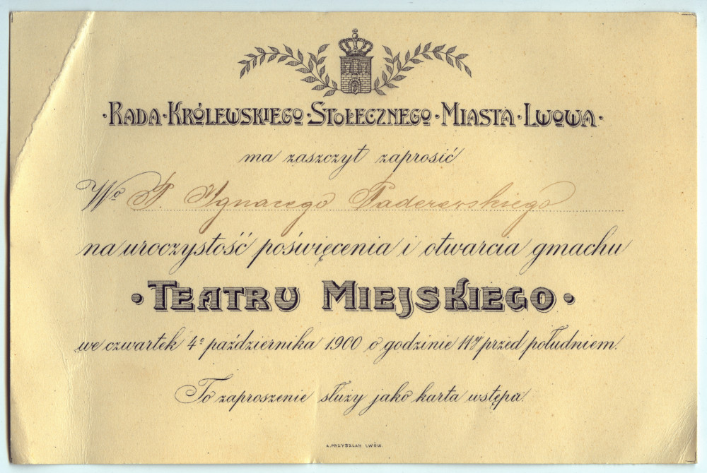 Carton d'invitation adressé personnellement à Paderewski par le Conseil de la ville royale métropolitaine de Lwów pour l'inauguration du Théâtre de la ville le 4 octobre 1900