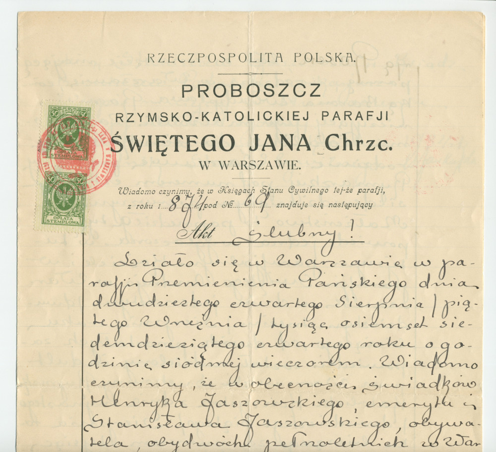 Traductions du russe en polonais de l'acte de mariage d'Hélène de Rosen et Ladislas Gorski (célébré le 24 août / 5 septembre 1874) extrait des registres de l'état-civil de la paroisse catholique-romaine Saint-Jean-Baptiste de Varsovie