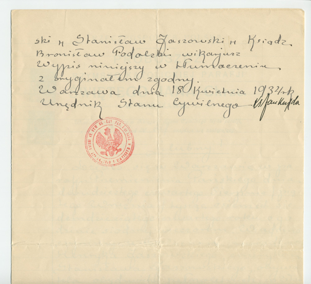Traductions du russe en polonais de l'acte de mariage d'Hélène de Rosen et Ladislas Gorski (célébré le 24 août / 5 septembre 1874) extrait des registres de l'état-civil de la paroisse catholique-romaine Saint-Jean-Baptiste de Varsovie