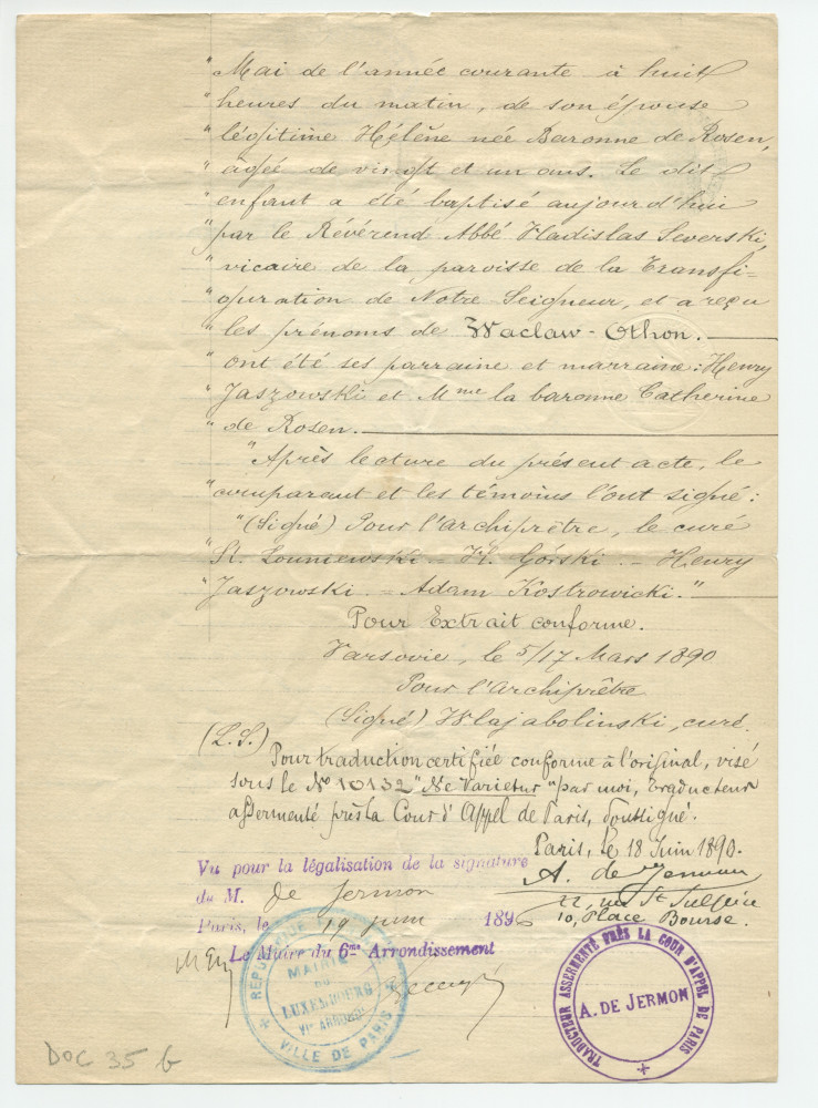Traductions du russe en français (18 juin 1890) et en polonais (22 avril 1934) de l'acte de naissance de Waclaw Othon Gorski, fils de Ladislas Gorski et d'Hélène née baronne de Rosen, né le 12/24 mai 1877