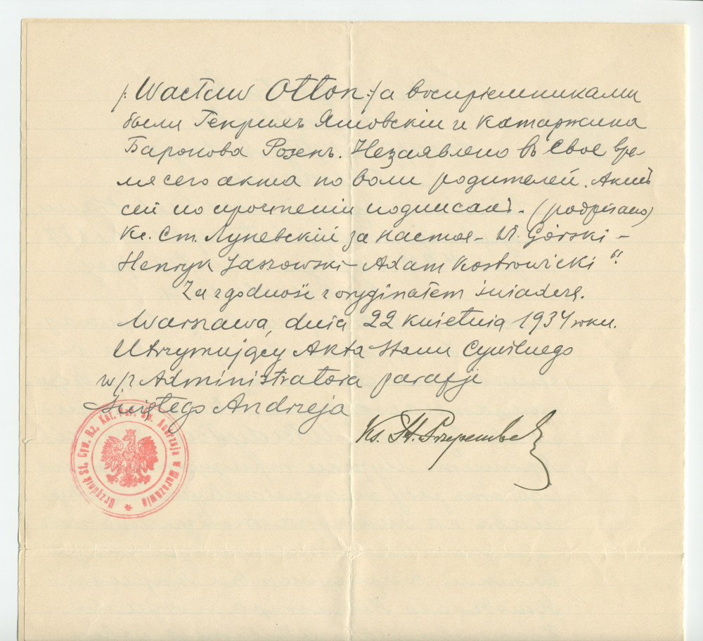 Traductions du russe en français (18 juin 1890) et en polonais (22 avril 1934) de l'acte de naissance de Waclaw Othon Gorski, fils de Ladislas Gorski et d'Hélène née baronne de Rosen, né le 12/24 mai 1877