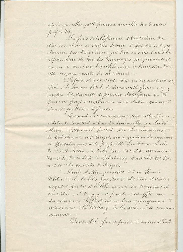 Concessions d'eaux des 24 juillet 1868 et 30 novembre 1872 en faveur de la «Compagnie du Chalet de Riond-Bosson» faites par François-Louis Anken dit Beure, domicilié à Tolochenaz, propriétaire et cultivateur