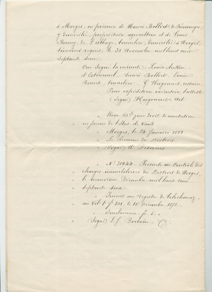 Concessions d'eaux des 24 juillet 1868 et 30 novembre 1872 en faveur de la «Compagnie du Chalet de Riond-Bosson» faites par François-Louis Anken dit Beure, domicilié à Tolochenaz, propriétaire et cultivateur