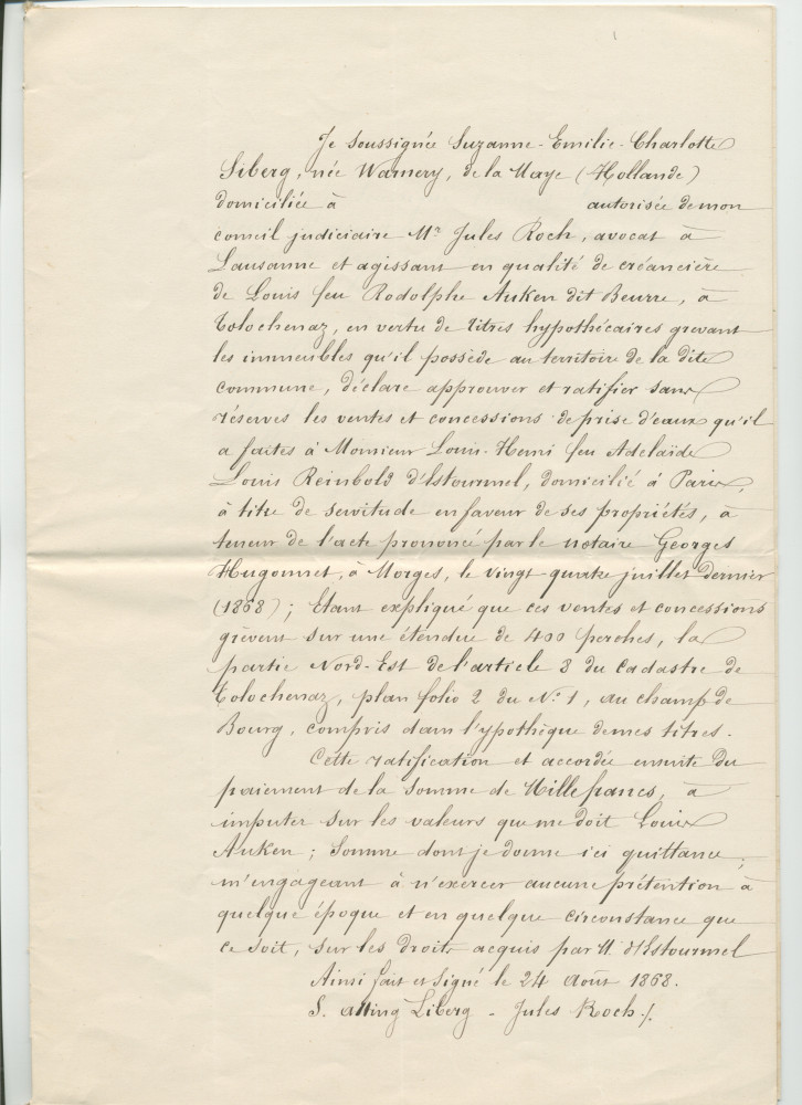 Concessions d'eaux des 24 juillet 1868 et 30 novembre 1872 en faveur de la «Compagnie du Chalet de Riond-Bosson» faites par François-Louis Anken dit Beure, domicilié à Tolochenaz, propriétaire et cultivateur