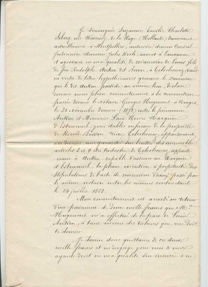 Concessions d'eaux des 24 juillet 1868 et 30 novembre 1872 en faveur de la «Compagnie du Chalet de Riond-Bosson» faites par François-Louis Anken dit Beure, domicilié à Tolochenaz, propriétaire et cultivateur