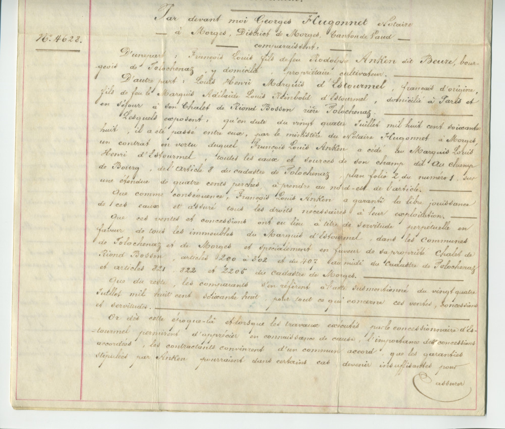 Acte n° 2963 de vente et concession des eaux et sources du champ dit «Au Champ du Bourg», sis sur la commune de Tolochenaz, par François-Louis Anken dit Beure, bourgeois de Tolochenaz, y domicilié, propriétaire et cultivateur