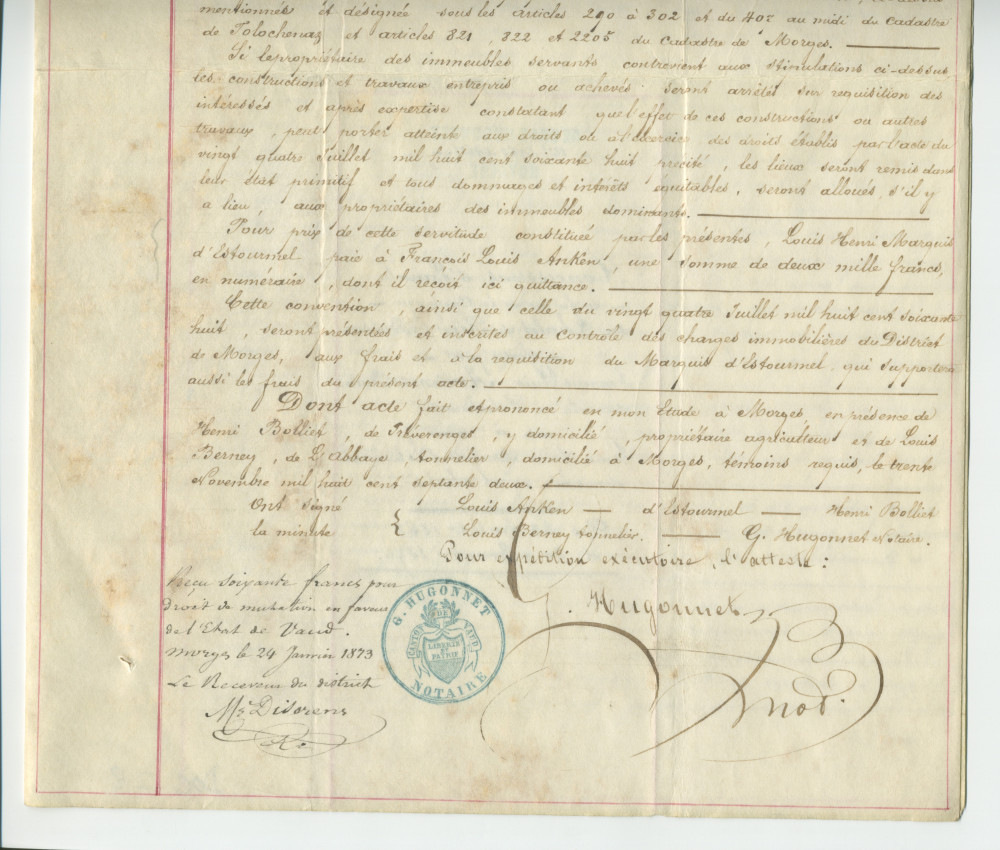 Acte n° 2963 de vente et concession des eaux et sources du champ dit «Au Champ du Bourg», sis sur la commune de Tolochenaz, par François-Louis Anken dit Beure, bourgeois de Tolochenaz, y domicilié, propriétaire et cultivateur