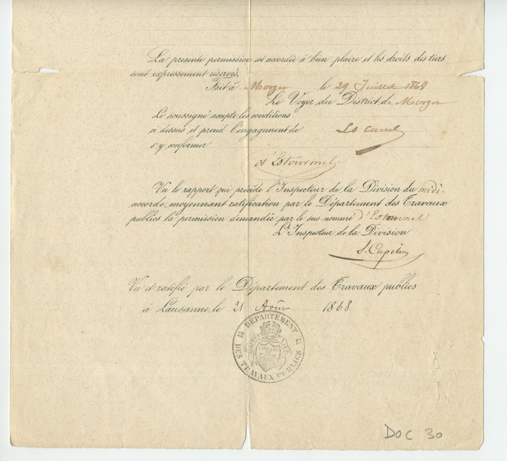 Permission [sous en-tête des Ponts et Chaussée du Canton de Vaud] d'établir une conduite en fer le long de la route de 2e classe Bière-Lavigny au lieu-dit «Es Fruits d'amont»
