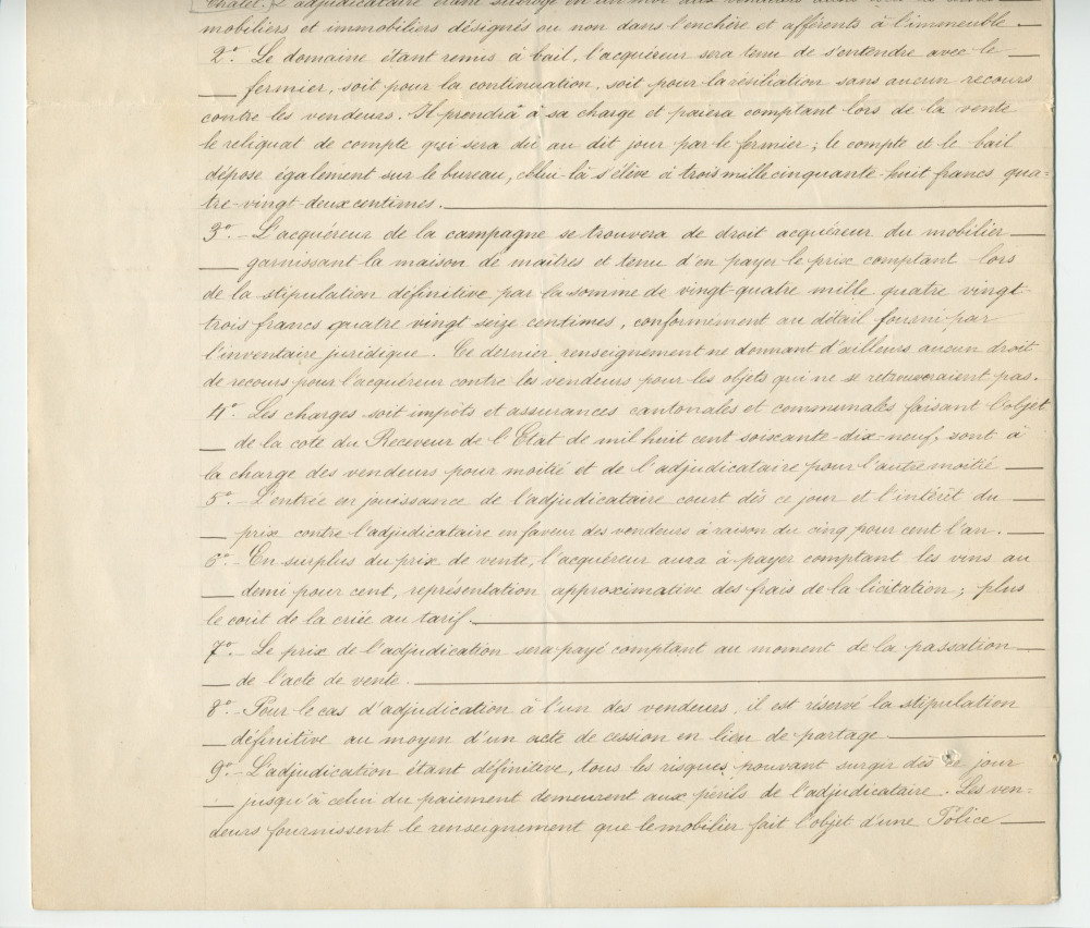 Acte n° 1751 de mise en vente à l'enchère publique sur licitation du «Chalet de Riond-Bosson» réalisée le 3 juillet 1879 devant le notaire Louis Monay, à Morges