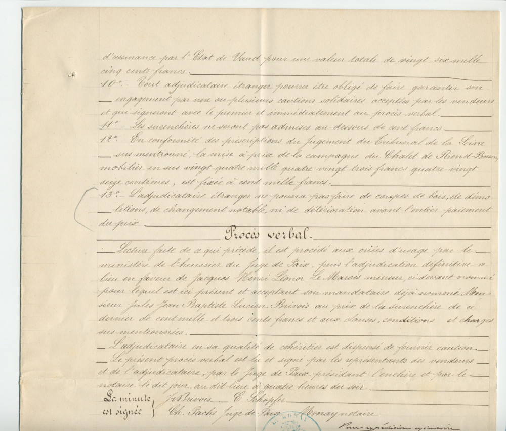 Acte n° 1751 de mise en vente à l'enchère publique sur licitation du «Chalet de Riond-Bosson» réalisée le 3 juillet 1879 devant le notaire Louis Monay, à Morges