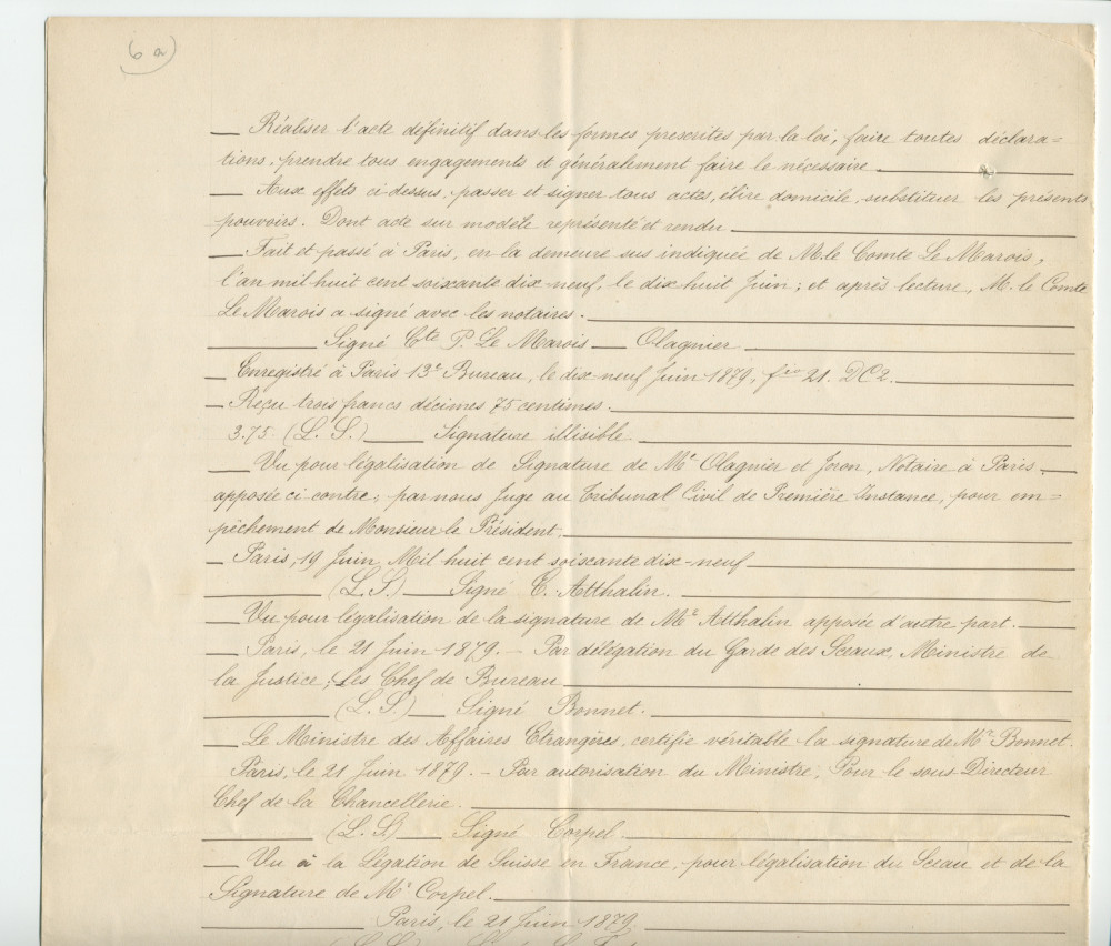 Acte n° 1751 de mise en vente à l'enchère publique sur licitation du «Chalet de Riond-Bosson» réalisée le 3 juillet 1879 devant le notaire Louis Monay, à Morges