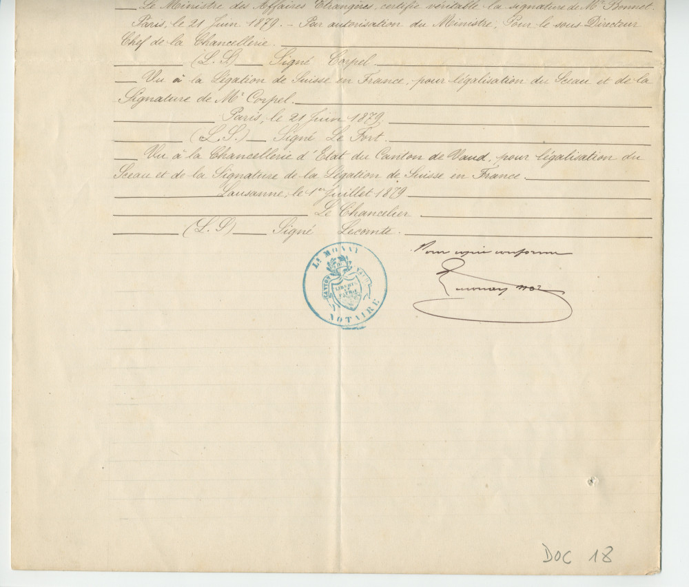 Acte n° 1751 de mise en vente à l'enchère publique sur licitation du «Chalet de Riond-Bosson» réalisée le 3 juillet 1879 devant le notaire Louis Monay, à Morges