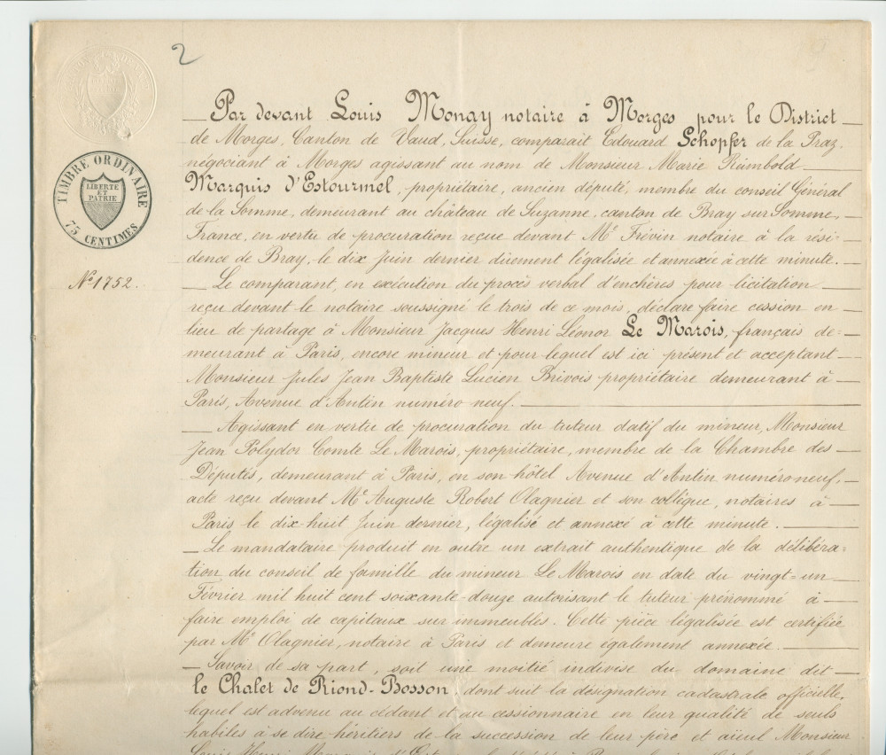 Acte n° 1752 de cession d'une moitié indivise du domaine dit «le Chalet de Riond-Bosson» réalisée le 5 juillet 1879 devant le notaire Louis Monay, à Morges