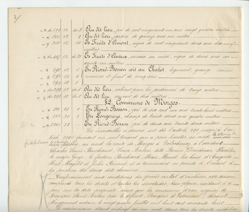 Acte n° 1752 de cession d'une moitié indivise du domaine dit «le Chalet de Riond-Bosson» réalisée le 5 juillet 1879 devant le notaire Louis Monay, à Morges