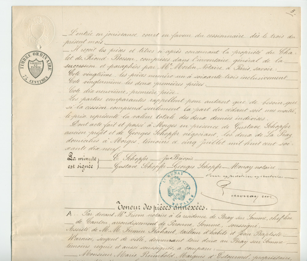 Acte n° 1752 de cession d'une moitié indivise du domaine dit «le Chalet de Riond-Bosson» réalisée le 5 juillet 1879 devant le notaire Louis Monay, à Morges