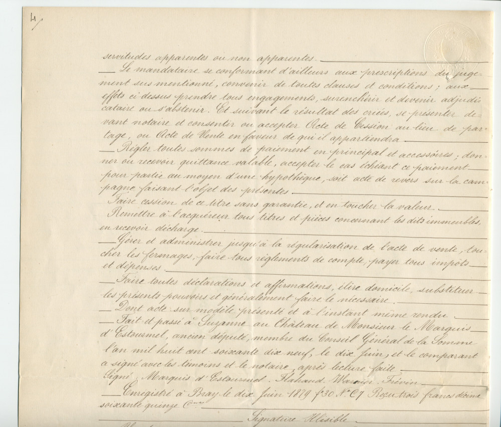 Acte n° 1752 de cession d'une moitié indivise du domaine dit «le Chalet de Riond-Bosson» réalisée le 5 juillet 1879 devant le notaire Louis Monay, à Morges