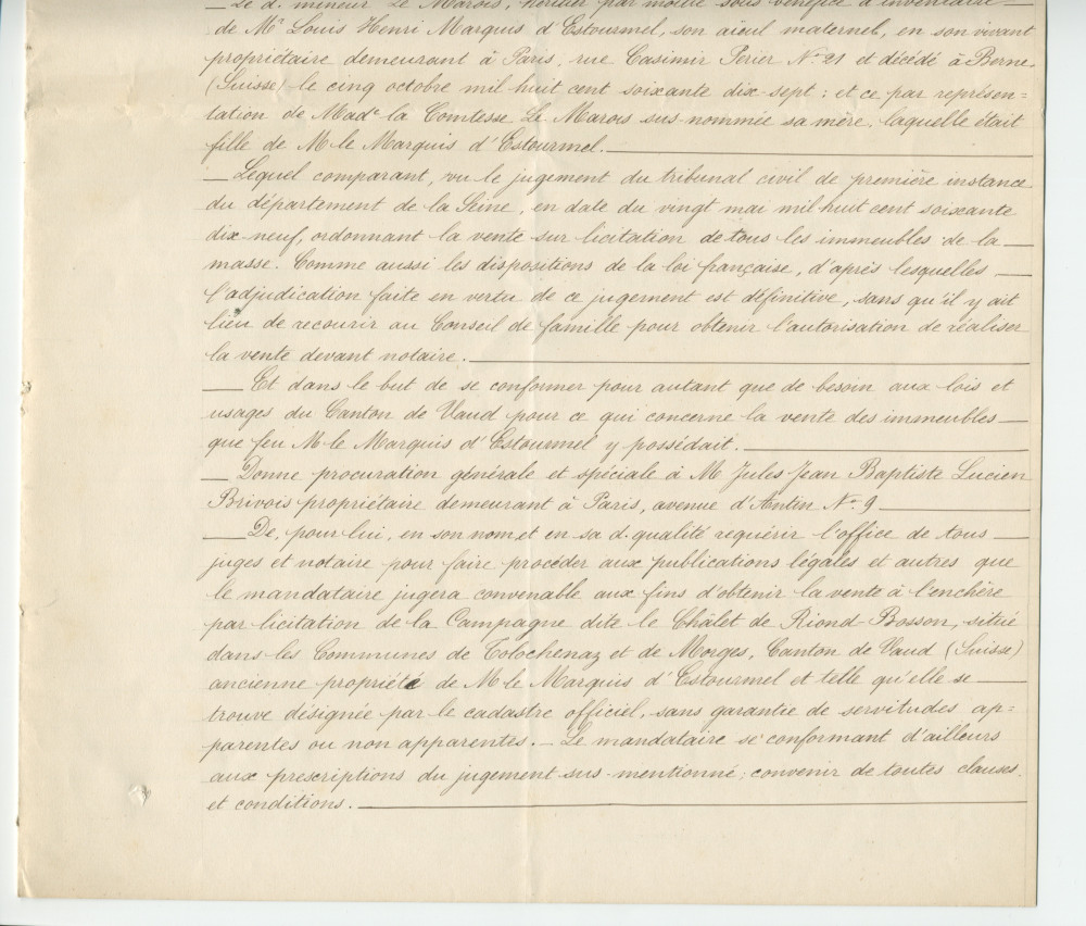 Acte n° 1752 de cession d'une moitié indivise du domaine dit «le Chalet de Riond-Bosson» réalisée le 5 juillet 1879 devant le notaire Louis Monay, à Morges