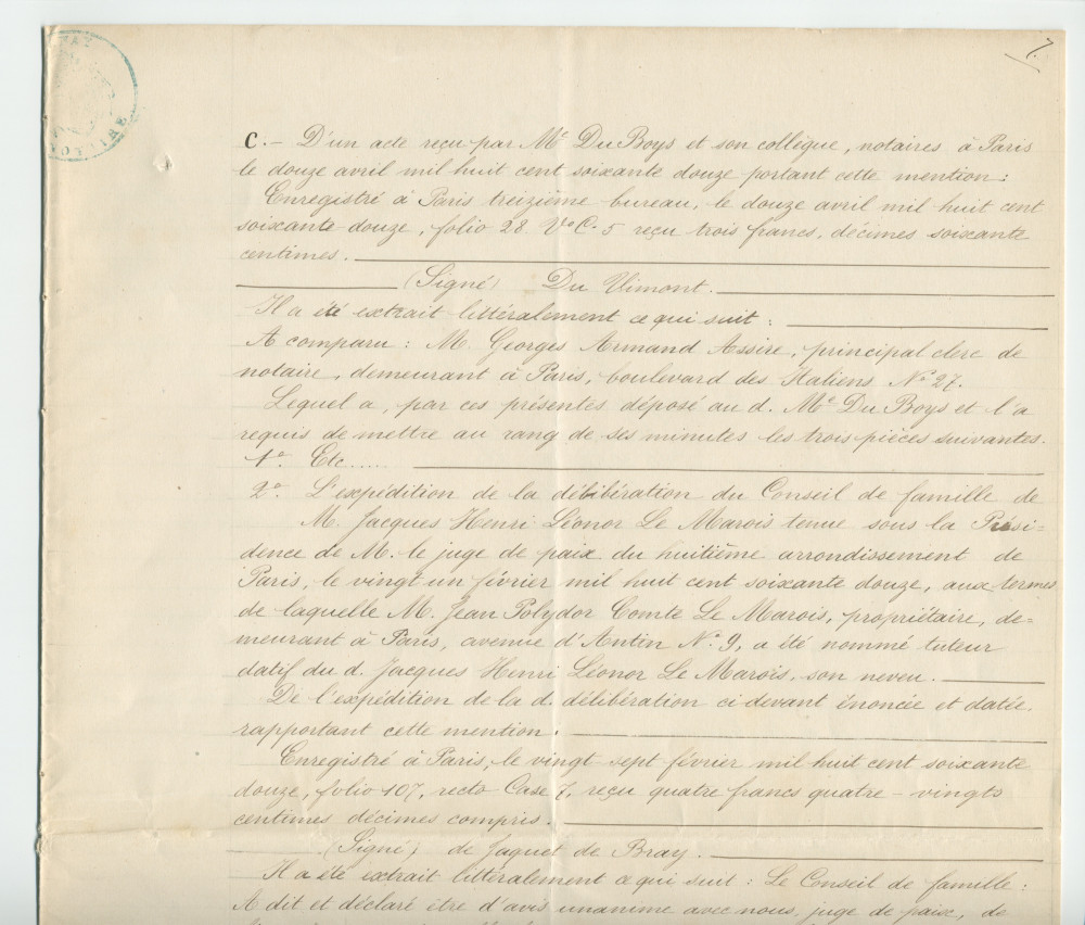 Acte n° 1752 de cession d'une moitié indivise du domaine dit «le Chalet de Riond-Bosson» réalisée le 5 juillet 1879 devant le notaire Louis Monay, à Morges