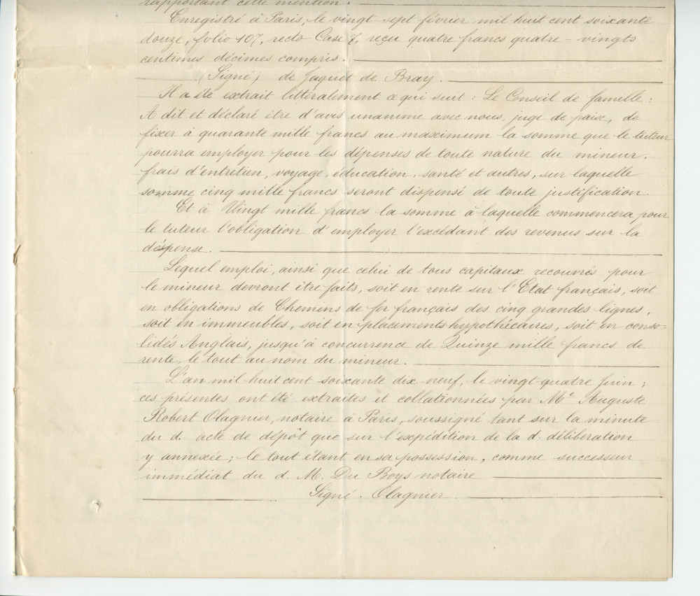 Acte n° 1752 de cession d'une moitié indivise du domaine dit «le Chalet de Riond-Bosson» réalisée le 5 juillet 1879 devant le notaire Louis Monay, à Morges
