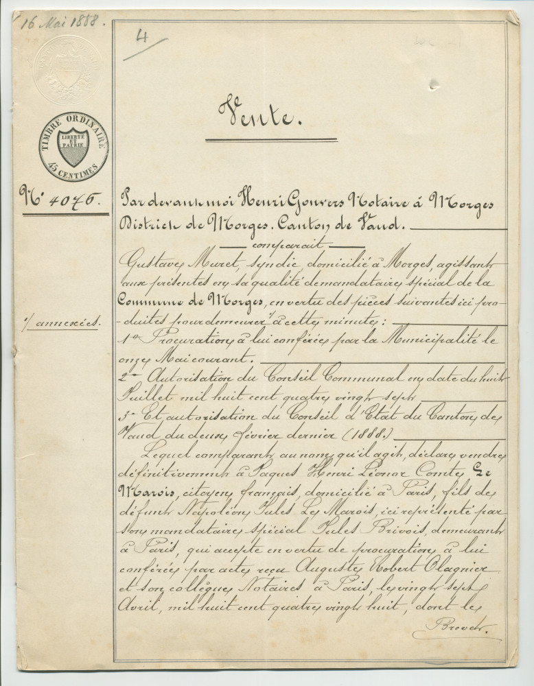 Acte n° 4076 de vente d'immeubles propriétés de la Commune de Morges situés sur les communes de Tolochenaz (Au Molliau) et Morges (À Bonjean, En Riond-Bosson) réalisée le 16 mai 1888 devant le notaire Henri Gonvers, à Morges