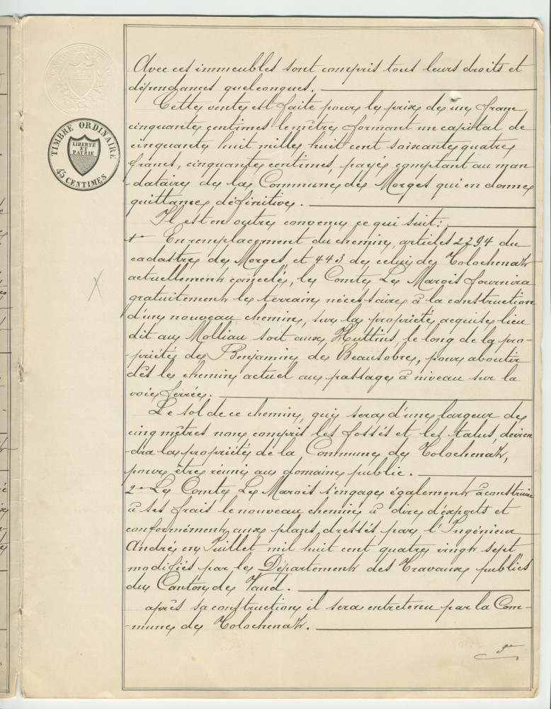 Acte n° 4076 de vente d'immeubles propriétés de la Commune de Morges situés sur les communes de Tolochenaz (Au Molliau) et Morges (À Bonjean, En Riond-Bosson) réalisée le 16 mai 1888 devant le notaire Henri Gonvers, à Morges