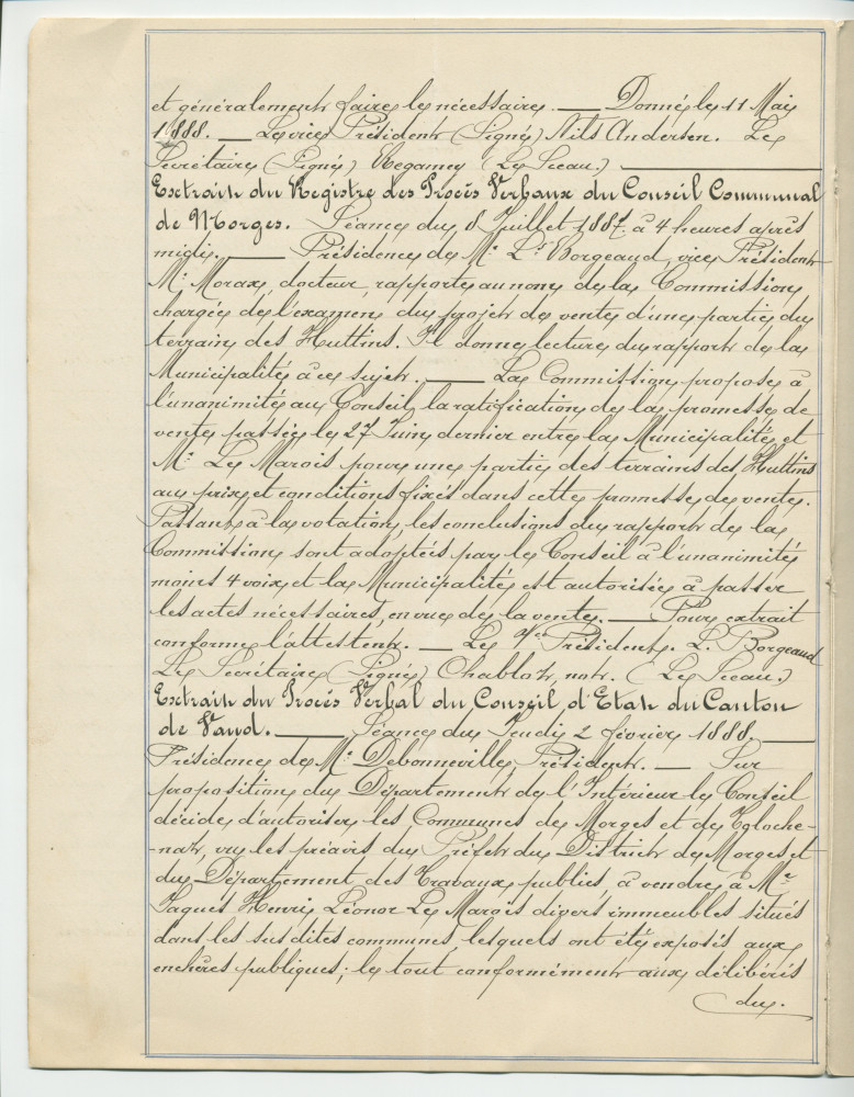 Acte n° 4076 de vente d'immeubles propriétés de la Commune de Morges situés sur les communes de Tolochenaz (Au Molliau) et Morges (À Bonjean, En Riond-Bosson) réalisée le 16 mai 1888 devant le notaire Henri Gonvers, à Morges