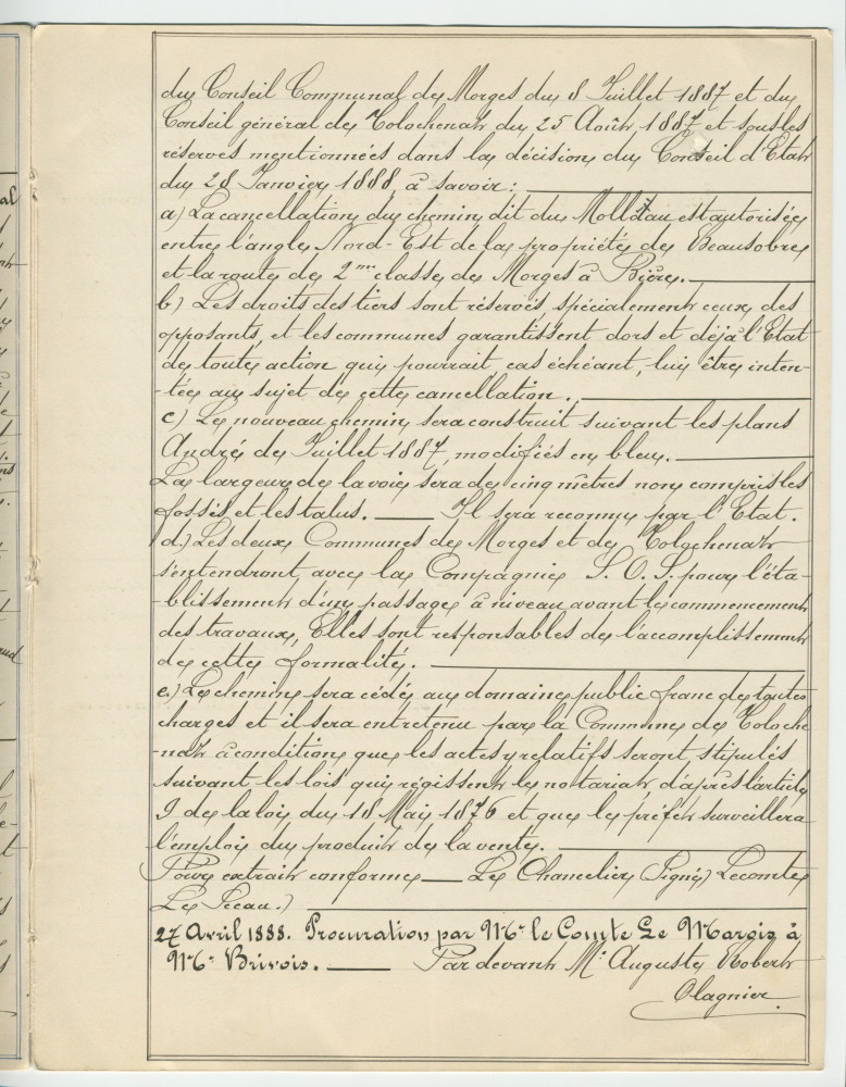 Acte n° 4076 de vente d'immeubles propriétés de la Commune de Morges situés sur les communes de Tolochenaz (Au Molliau) et Morges (À Bonjean, En Riond-Bosson) réalisée le 16 mai 1888 devant le notaire Henri Gonvers, à Morges