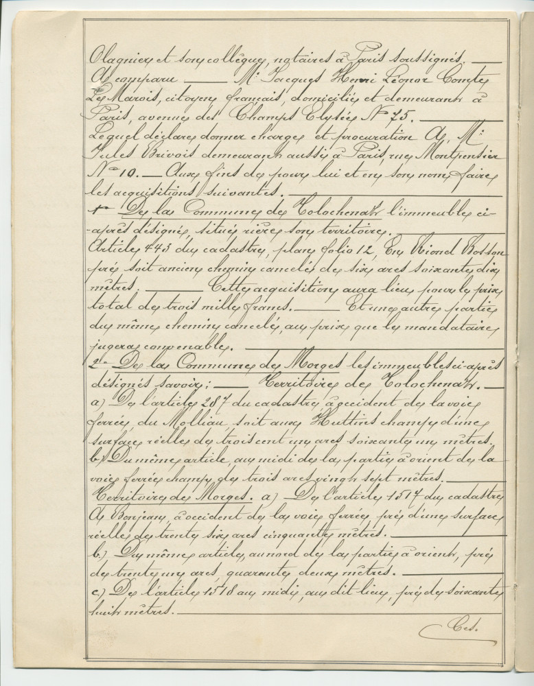 Acte n° 4076 de vente d'immeubles propriétés de la Commune de Morges situés sur les communes de Tolochenaz (Au Molliau) et Morges (À Bonjean, En Riond-Bosson) réalisée le 16 mai 1888 devant le notaire Henri Gonvers, à Morges