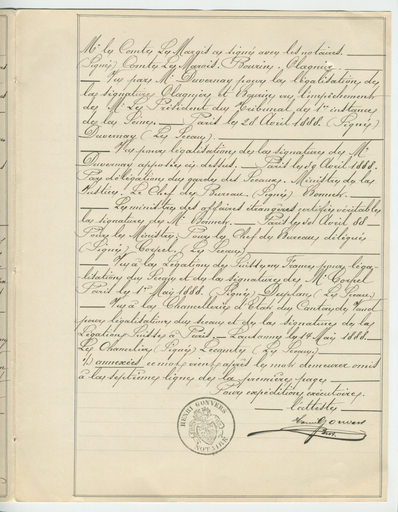 Acte n° 4076 de vente d'immeubles propriétés de la Commune de Morges situés sur les communes de Tolochenaz (Au Molliau) et Morges (À Bonjean, En Riond-Bosson) réalisée le 16 mai 1888 devant le notaire Henri Gonvers, à Morges