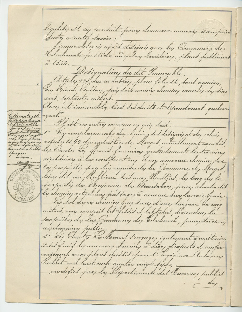 Acte n° 4077 de vente d'un immeuble sis «En Riond-Bosson» propriété de la Commune de Tolochenaz réalisée le 16 mai 1888 devant le notaire Henri Gonvers, à Morges