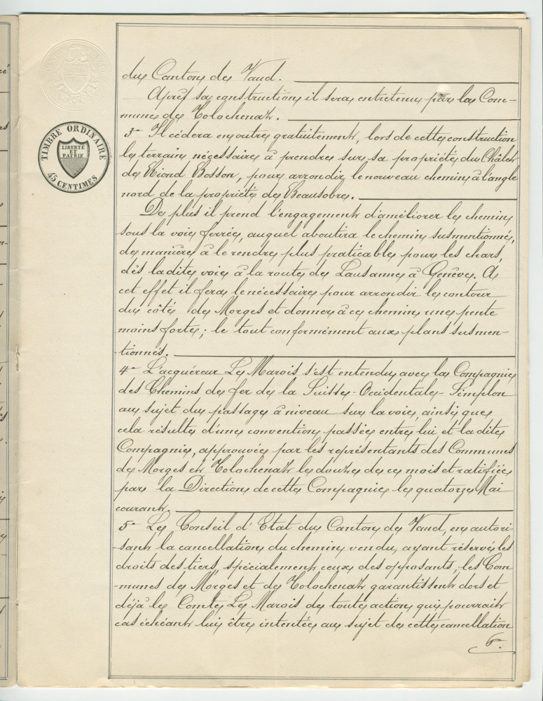 Acte n° 4077 de vente d'un immeuble sis «En Riond-Bosson» propriété de la Commune de Tolochenaz réalisée le 16 mai 1888 devant le notaire Henri Gonvers, à Morges