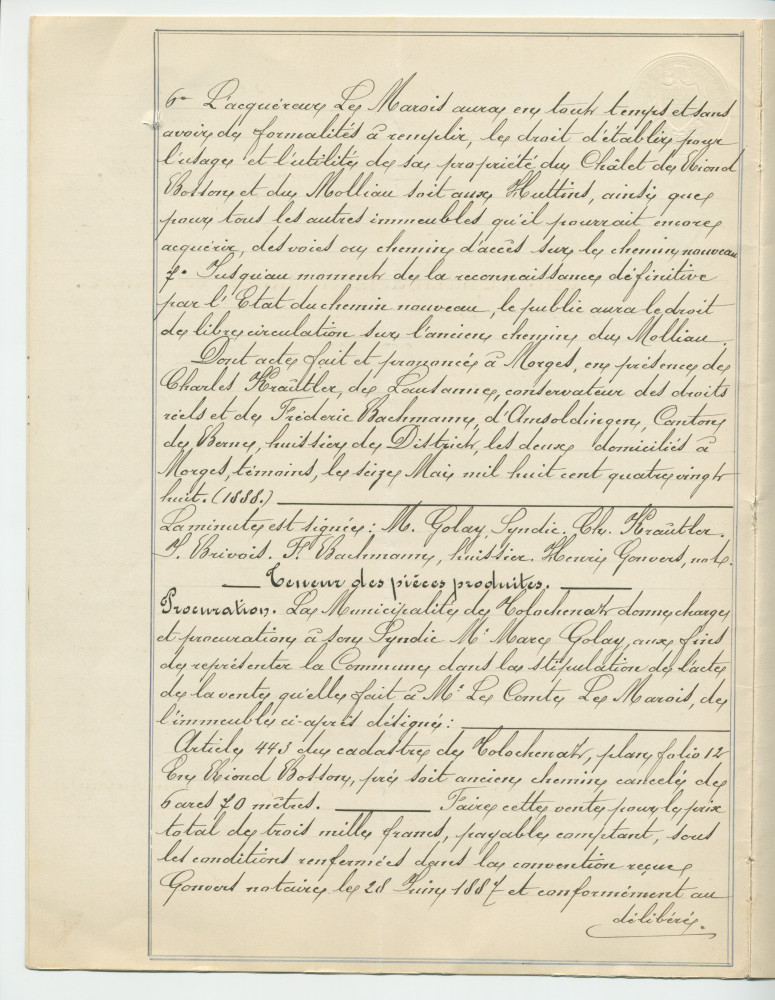 Acte n° 4077 de vente d'un immeuble sis «En Riond-Bosson» propriété de la Commune de Tolochenaz réalisée le 16 mai 1888 devant le notaire Henri Gonvers, à Morges
