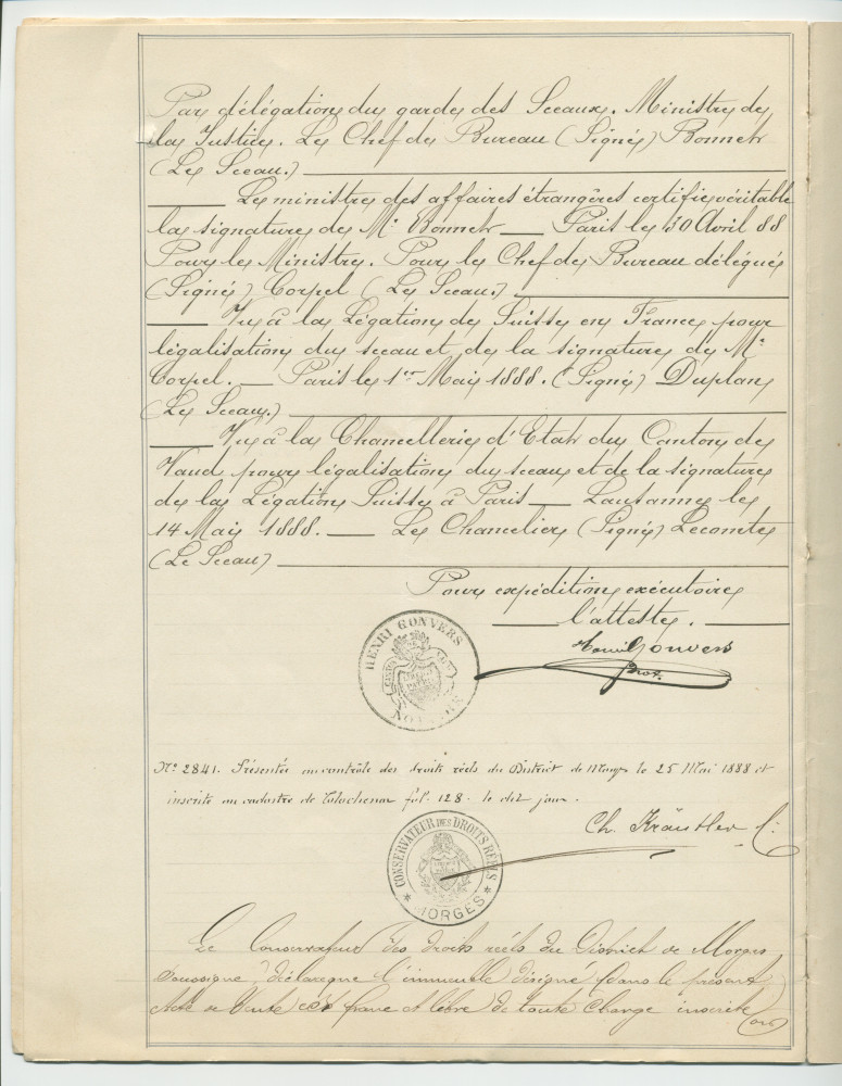 Acte n° 4077 de vente d'un immeuble sis «En Riond-Bosson» propriété de la Commune de Tolochenaz réalisée le 16 mai 1888 devant le notaire Henri Gonvers, à Morges