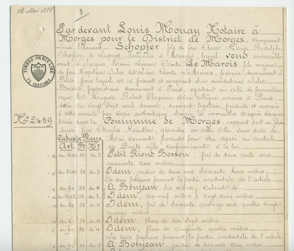 Acte n° 2459 de vente d'immeubles situés sur la commune de Morges (Petit Riond-Bosson, À Bonjean) selon le plan réalisé par M. Charles Kräutler, géomètre en cette ville, réalisée le 16 mai 1888 devant le notaire Louis Monay, à Morges