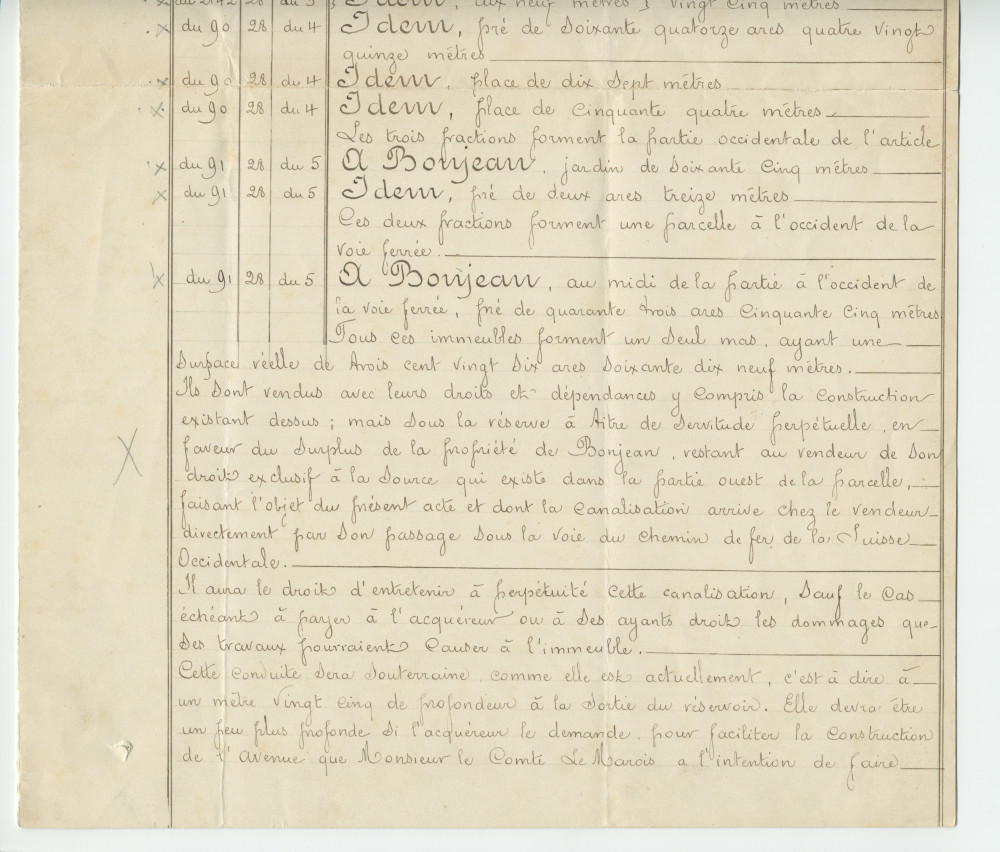 Acte n° 2459 de vente d'immeubles situés sur la commune de Morges (Petit Riond-Bosson, À Bonjean) selon le plan réalisé par M. Charles Kräutler, géomètre en cette ville, réalisée le 16 mai 1888 devant le notaire Louis Monay, à Morges